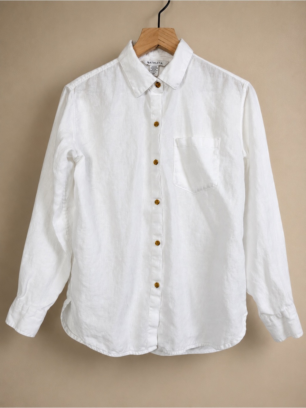 Athleta White Linen Button-Down Shirt with Brown Buttons